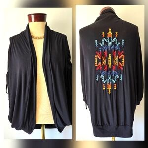 ROCK & ROLL COWGIRL Black Open Front Sweater with Colorful Embroidery Back.Small
